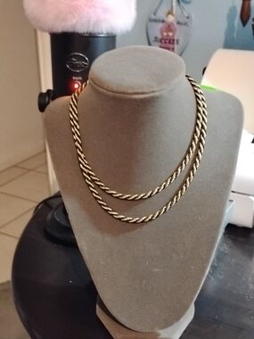 Vintage Trifari Goldstone & Black Twisted Rope Necklace 30"L Fashion Jewelry 3mm